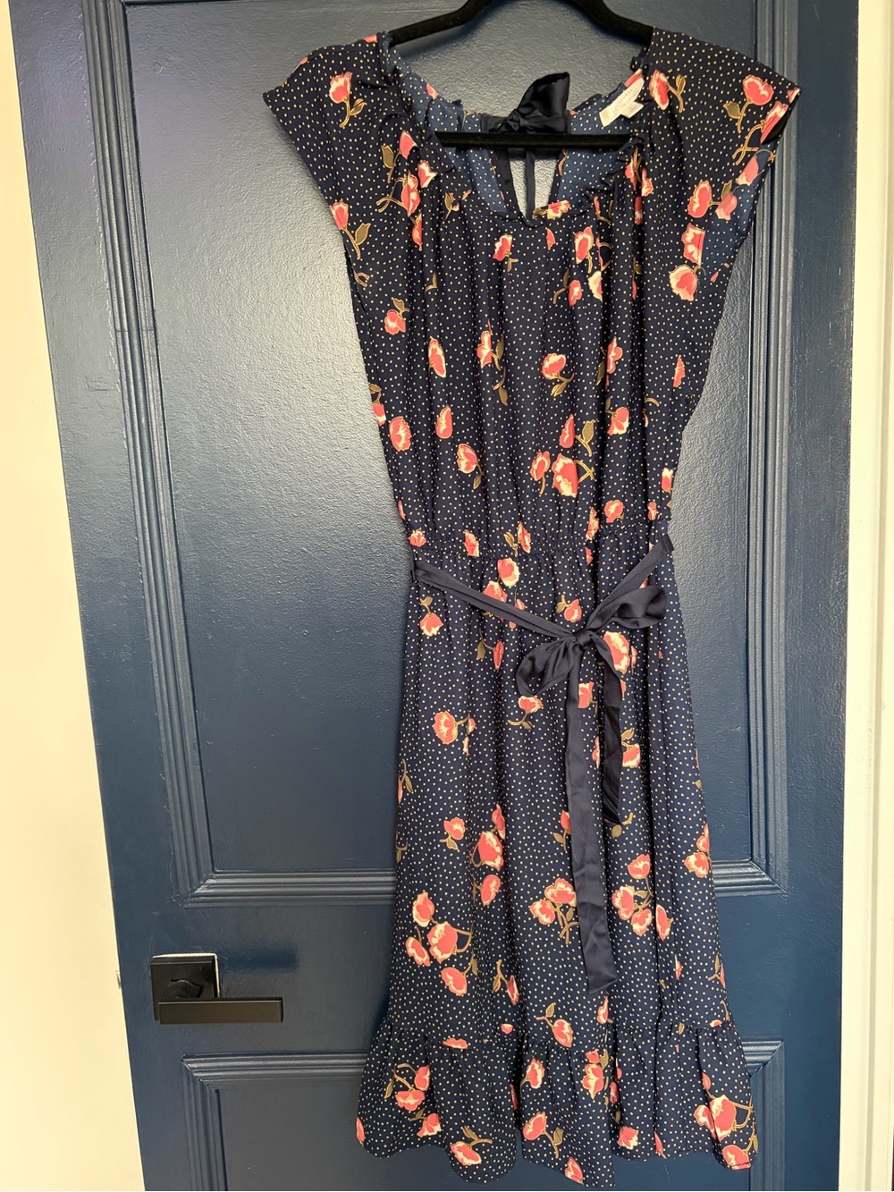 LC Lauren Conrad Navy Dress with Floral Print rose gold outline and dots